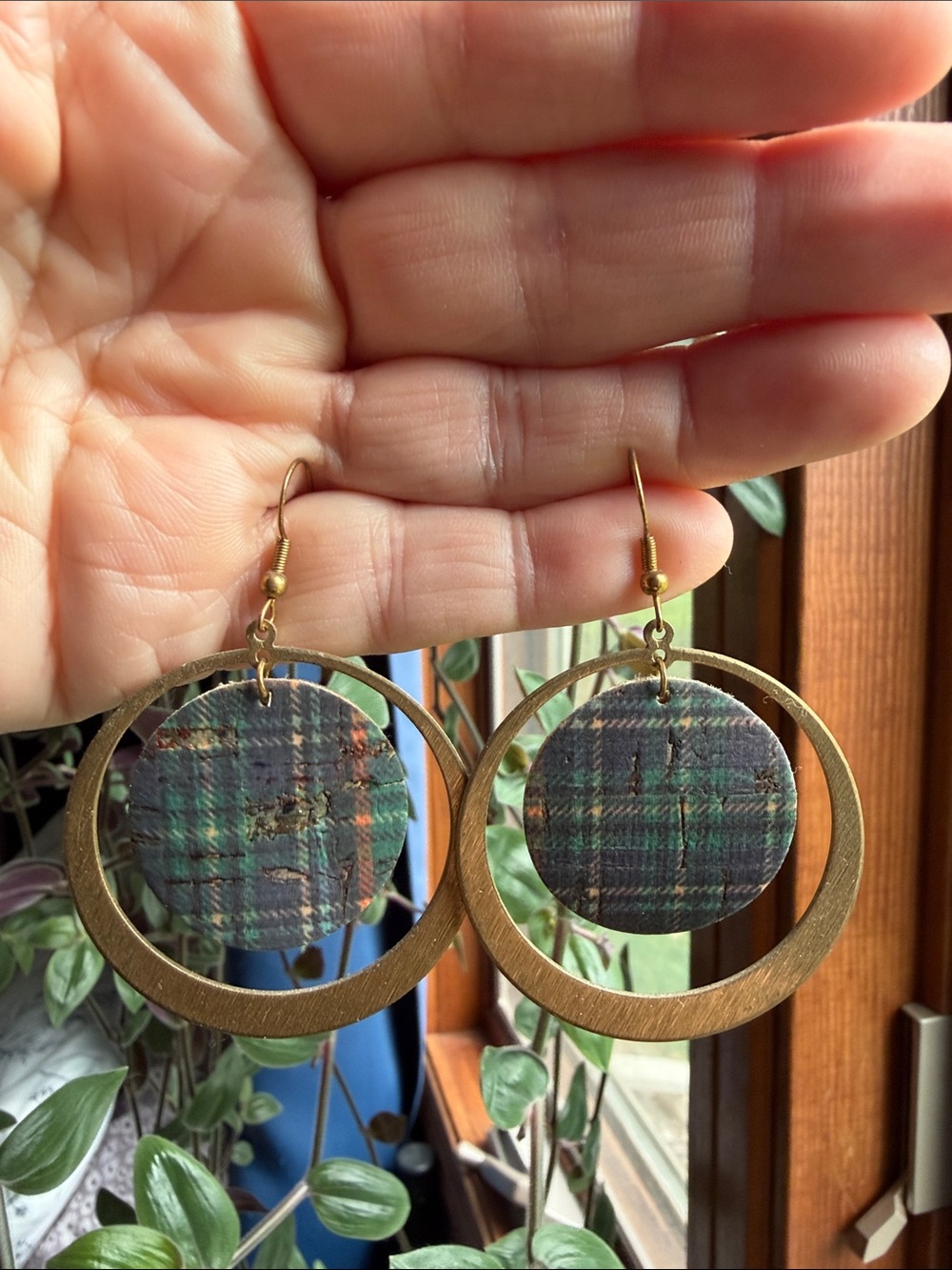 Gold Hoop Earrings with Green Plaid Discs